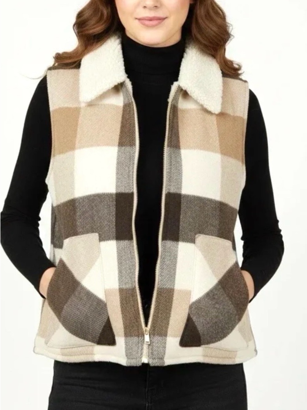 Sanctuary Womens Sherpa Lined Heavyweight Vest Brown Plaid Size S Warm Cozy NWT